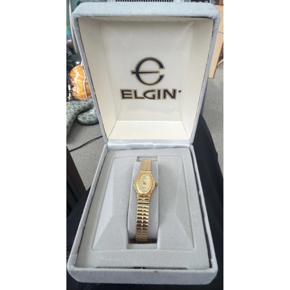 Elgin Accessories - Vintage Elgin Diamond Ladies Watch Oval Textured Dial Gold Tone Stretch Band NEW